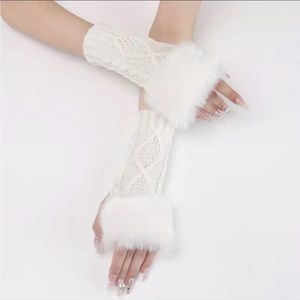 White Faux Fur Half Finger Knit Gloves